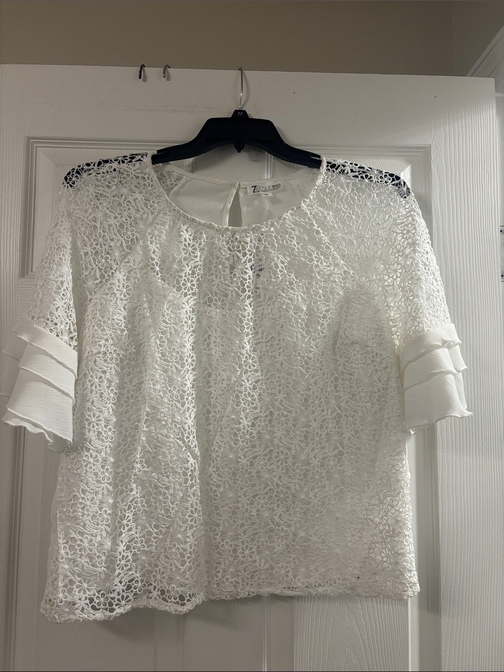 White Crochet Lace Ruffle-Sleeve Blouse